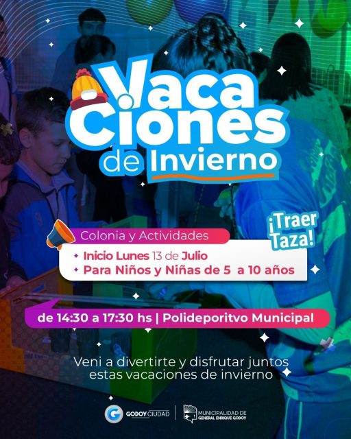 ❄️🎉 ¡Llegan las Vacaciones de Invierno! ☃️

Invitamos a todos los niños y niñas de 5 a 10 años a disfrutar de tardes llenas de juegos, actividades recreativas y mucha diversión.

📅 Comienza el lunes 13 de julio
🕝 De 14:30 a 17:30 hs
📍 Polideportivo Municipal

☕ No olvides traer tu taza.

#GodoyCiudad #VacacionesDeInvierno #MunicipalidadDeGeneralEnriqueGodoy #Infancias #Diversión