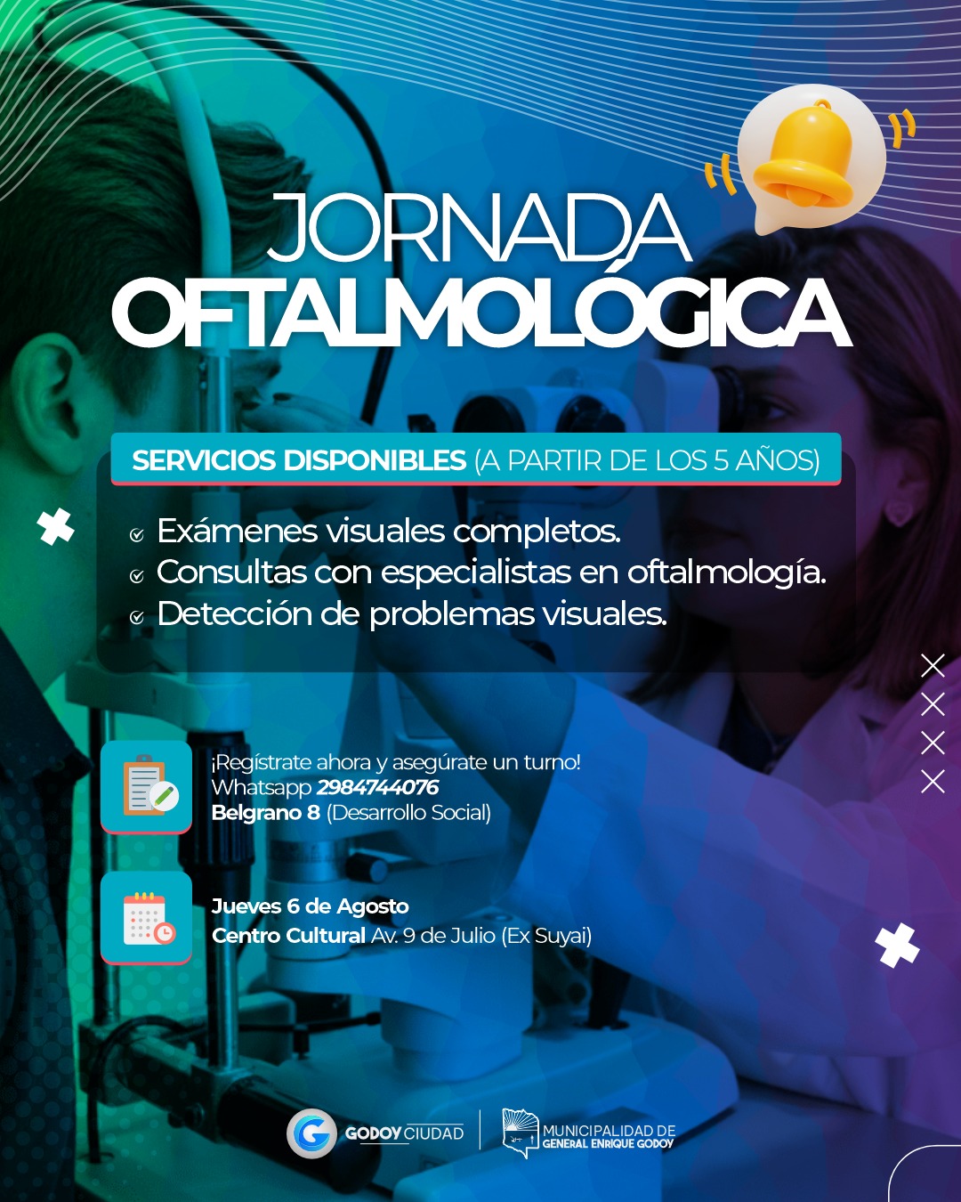 👁️ JORNADA OFTALMOLÓGICA 👁️

📅 JUEVES 6 DE AGOSTO
📍 Centro Cultural Ex Suyai

📲 SACÁ TU TURNO: 
  2984 744076
🏢 O acercate a:  Oficinas de Desarrollo Social | Belgrano 8

¡Los cupos son limitados!
No te quedes sin tu control 👀

#SaludGodoy #Oftalmologia #Godoy #RioNegro #Prevencion