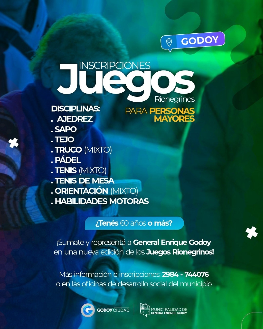 🇦🇷 INSCRIPCIONES ABIERTAS 🇦🇷

¡JUEGOS RIONEGRINOS 2026 
PARA PERSONAS MAYORES!

¿Tenés más de 60 años? 
¡Este es tu momento de participar! 💪

📅 Tenés tiempo hasta el VIERNES 24 DE JULIO
📍 Inscribite en: Oficinas de Desarrollo Social
  Belgrano 8 - Gral. Enrique Godoy
📞 Consultas: 2984 744076

DISCIPLINAS:
♟️ Ajedrez
🎯 Sapos
🥌 Tejo
🃏 Truco - Mixto
🎾 Pádel
🎾 Tenis - Mixto
🏓 Tenis de mesa
🧭 Orientación - Mixto
🏃 Habilidades motoras

Vení a representar a Godoy y a pasarla genial con amigos 💙
¡Te esperamos!

#JuegosRionegrinos2026 #PersonasMayores #Godoy #RioNegro #DeporteParaTodos