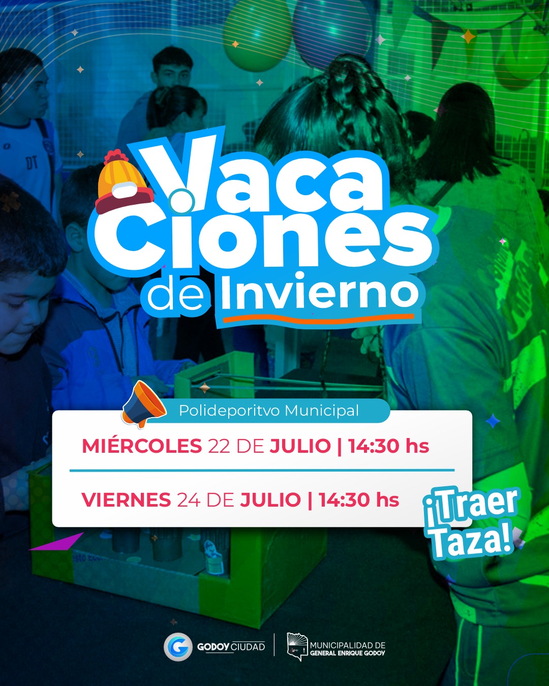 ❄️🎉 ¡Siguen las Vacaciones de Invierno!

Te esperamos para compartir dos tardes llenas de juegos, diversión y actividades recreativas en el Polideportivo Municipal.

📅 Miércoles 22 de julio
🕝 14:30 hs

📅 Viernes 24 de julio
🕝 14:30 hs

🥣 ¡No te olvides de traer tu taza para la merienda!

¡Los esperamos para seguir disfrutando juntos de unas vacaciones llenas de alegría! 💙

#GodoyCiudad #VacacionesDeInvierno #GeneralEnriqueGodoy #Municipalidad #ColoniaDeInvierno