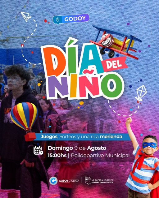 🎈 ¡LLEGA EL DÍA DEL NIÑO A GODOY! 🎉

La Municipalidad de General Enrique Godoy invita a todas las familias a celebrar el Día del Niño con una gran jornada de juegos, diversión y alegría.

📅 Domingo 9 de agosto
🕒 15:00 horas
📍 Polideportivo Municipal

Los más chicos podrán disfrutar de:

🎮 Juegos recreativos
🎁 Sorteos
🧃 Una rica merienda
✨ ¡Y muchas sorpresas!

✅ La entrada es libre y gratuita.

👉 No olvides traer tu taza para compartir la merienda entre todos.

Los esperamos para vivir una tarde especial, llena de sonrisas, encuentros y diversión junto a toda la comunidad.

¡Este domingo 9 de agosto, el Día del Niño se celebra en General Enrique Godoy!
