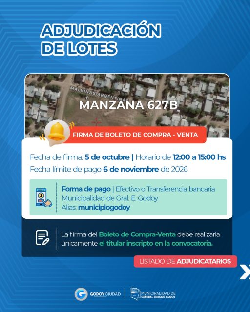 📢 ADJUDICACIÓN DE LOTES – MANZANA 627B

La Municipalidad de General Enrique Godoy informa a los vecinos sorteados que ya está confirmado el cronograma para la firma del Boleto de Compra-Venta.

🗓️ Fecha de firma: 5 de octubre
🕐 Horario: de 12:00 a 15:00 hs
📍 Lugar: Concejo Deliberante de Gral. Godoy
💳 Forma de pago: Efectivo o transferencia bancaria — Alias: municipiogodoy
⏳ Fecha límite de pago: 6 de noviembre de 2026

⚠️ Importante: la firma debe realizarla únicamente el titular inscripto en la convocatoria.

👉 Deslizá para ver el listado completo de adjudicatarios.

#GodoyCiudad #MunicipalidadDeGodoy #AdjudicaciónDeLotes #Manzana627B #ViviendaPropia