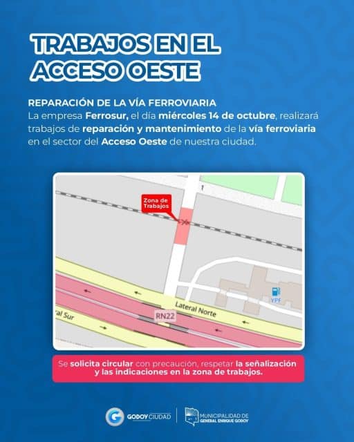 ⚠️ AVISO DE TRÁNSITO: ACCESO OESTE 🛑 
  La empresa Ferrosur llevará a cabo tareas de reparación y mantenimiento en la vía ferroviaria:

 🗓 Fecha: Miércoles 14 de octubre
📍 Lugar: Sector Acceso Oeste 
 ⚠️ Se solicita circular con precaución y respetar la señalización del lugar. 

#GodoyCiudad #GeneralEnriqueGodoy #PrecaucionVial