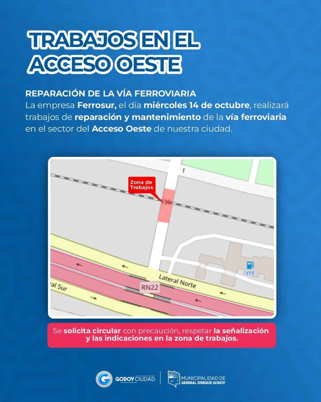 ⚠️ AVISO DE TRÁNSITO: ACCESO OESTE 🛑 
  La empresa Ferrosur llevará a cabo tareas de reparación y mantenimiento en la vía ferroviaria:

 🗓 Fecha: Miércoles 14 de octubre
📍 Lugar: Sector Acceso Oeste 
 ⚠️ Se solicita circular con precaución y respetar la señalización del lugar. 

#GodoyCiudad #GeneralEnriqueGodoy #PrecaucionVial