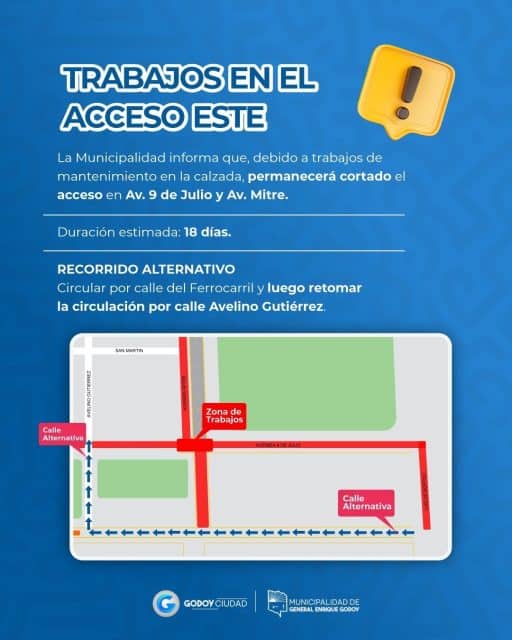 🚧 TRABAJOS EN EL ACCESO ESTE

La Municipalidad de General Enrique Godoy informa que, debido a trabajos de mantenimiento en la calzada, permanecerá cortada la circulación en Av. 9 de Julio y Av. Mitre.

🗓️ Duración estimada: 18 días.

🚗 Recorrido alternativo: circular por calle del Ferrocarril y retomar por calle Avelino Gutiérrez.

⚠️ Solicitamos a vecinos y conductores circular con precaución y respetar la señalización del sector.